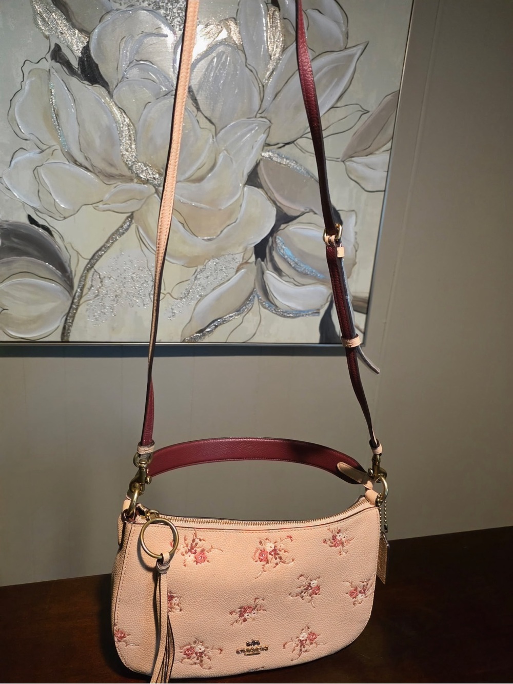 Coach Light Pink Floral Embossed Leather Shoulder Bag with Maroon Strap - Picture 4 of 4